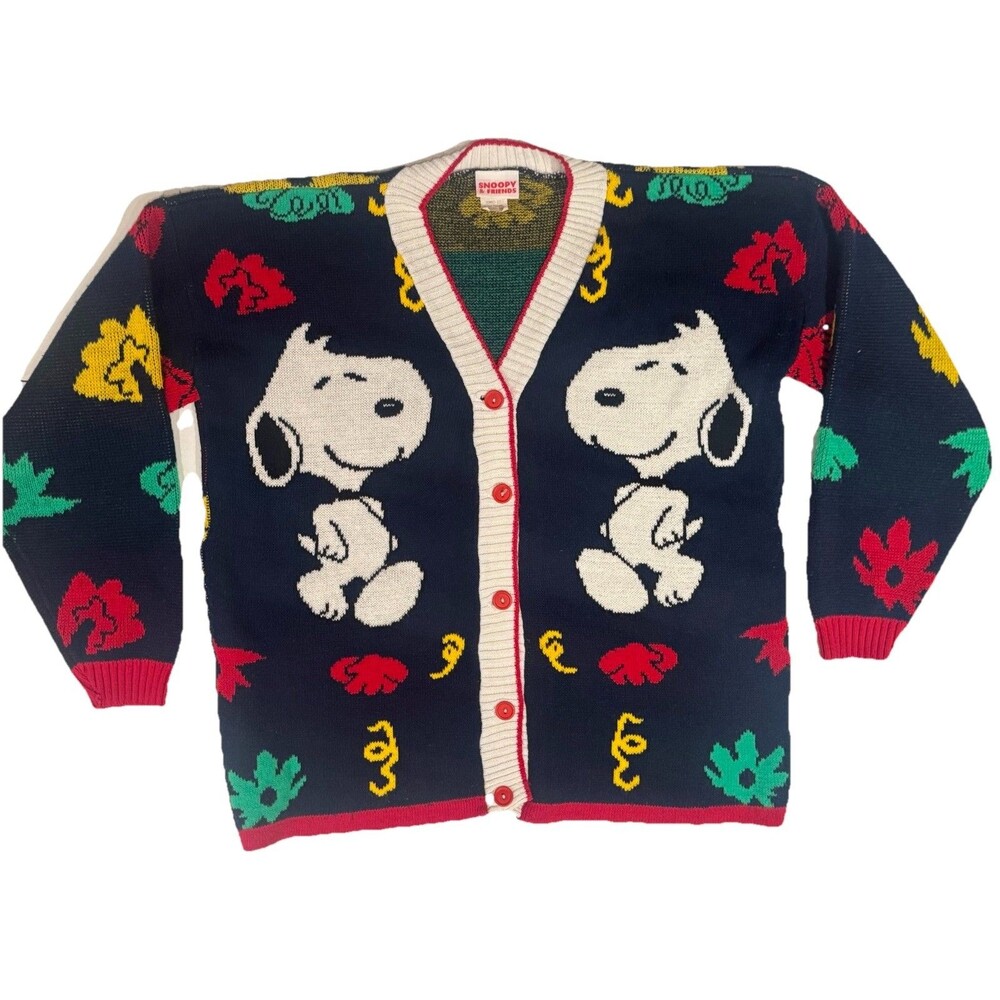 Vintage Snoopy & Friends Peanuts Sweater Multicolored Button Cardigan Medium